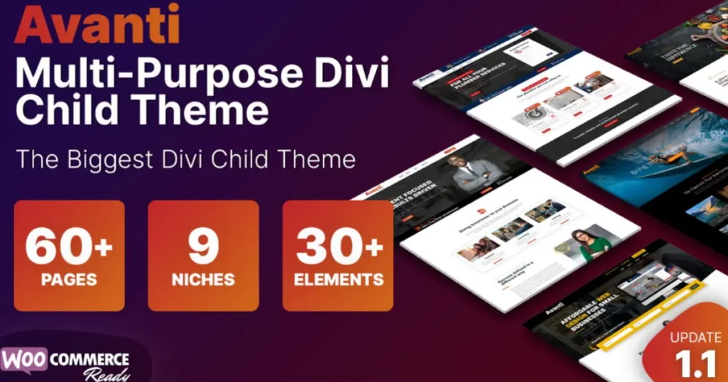 Avanti multipurpose Divi child theme template preview showing multiple niche layouts and page designs