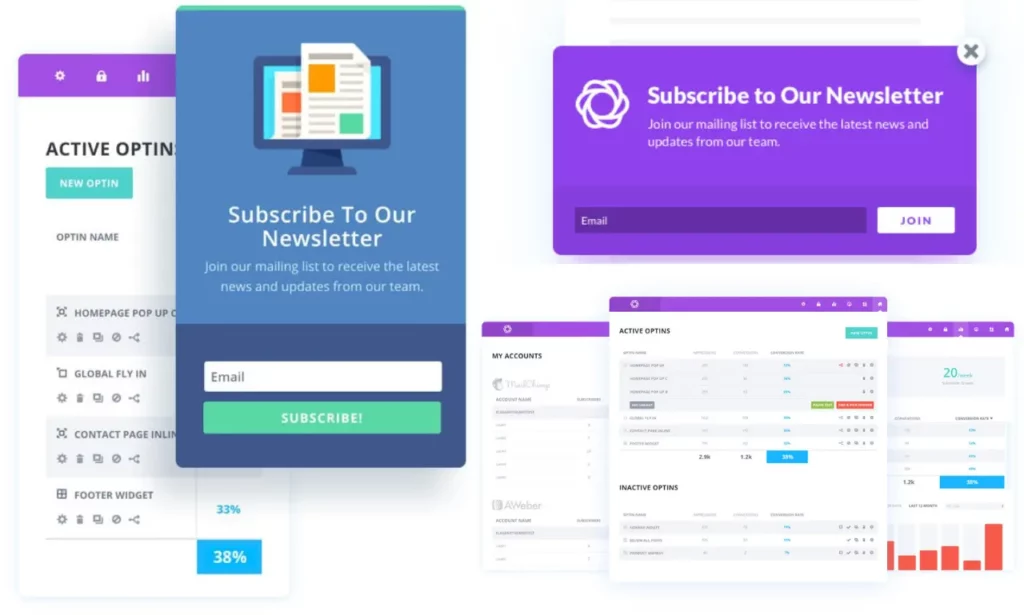 Bloom email opt in plugin dashboard showing newsletter popup and subscription form builder in WordPress