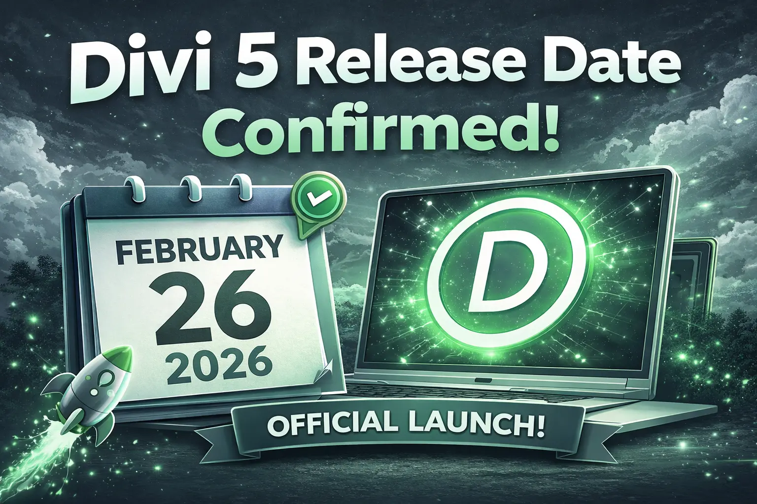 Divi 5 release date confirmed infographic showing February 26, 2026 official launch with Divi builder update and Elegant Themes announcement