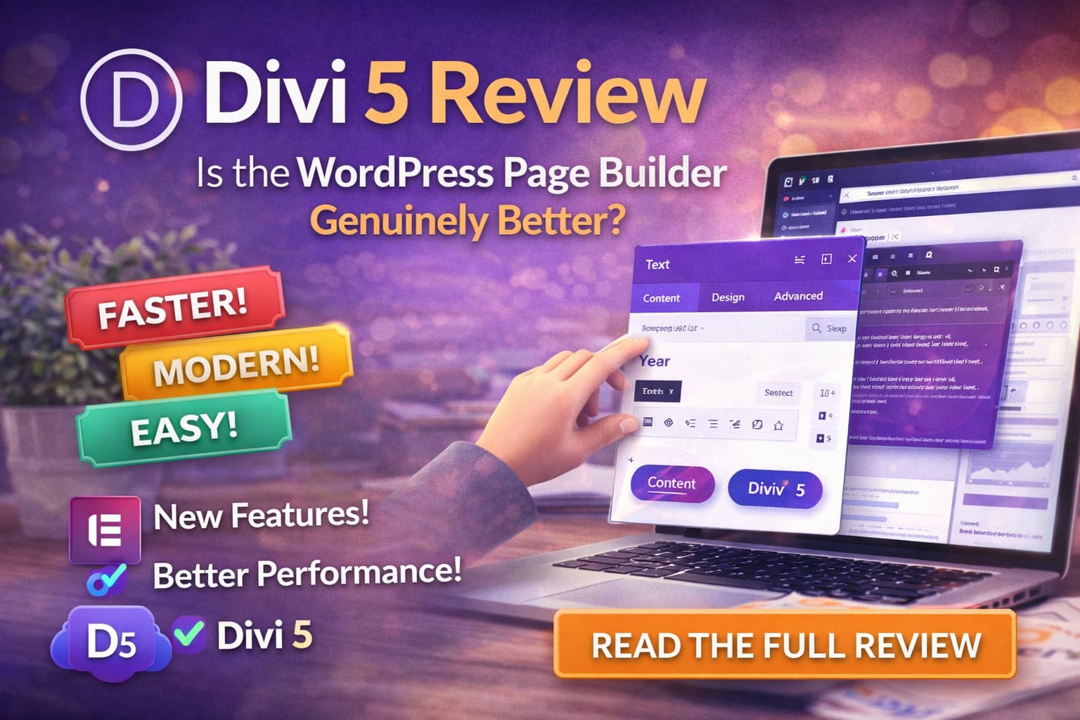 Divi 5 review feature image showing the WordPress page builder interface on a laptop screen