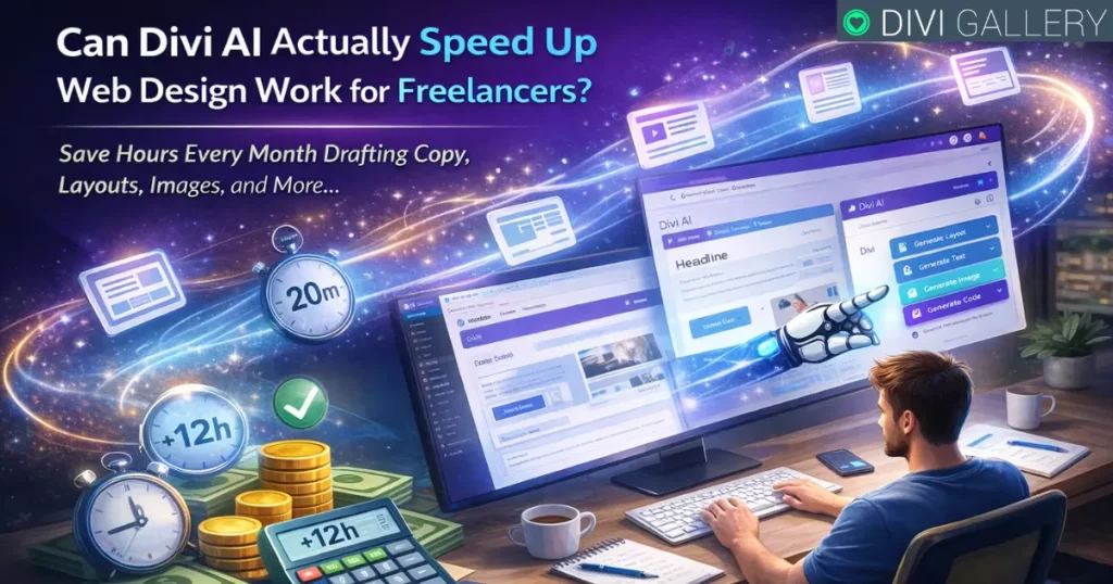 Illustration of a freelancer using Divi AI to speed up web design workflow with faster copy, layouts, images, and code tasks