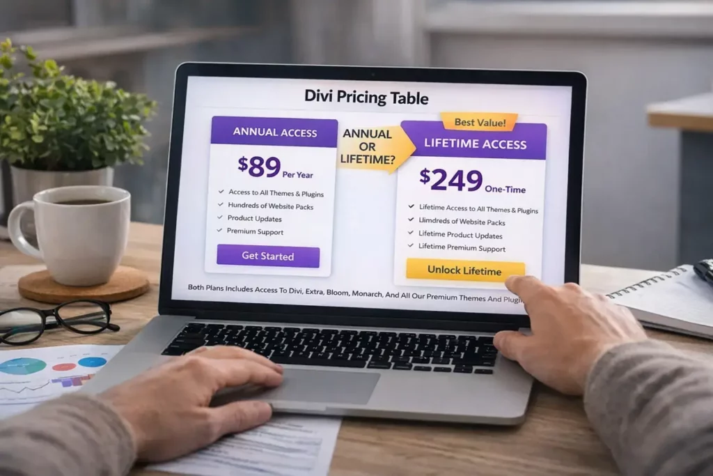Person comparing Divi annual and lifetime pricing plans on a laptop at a modern desk