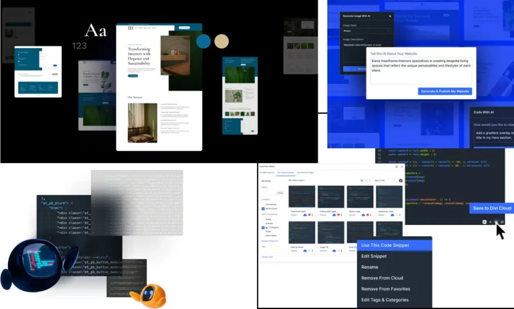Divi Builder interface showing Divi AI, Divi Cloud, and website design tools from Elegant Themes