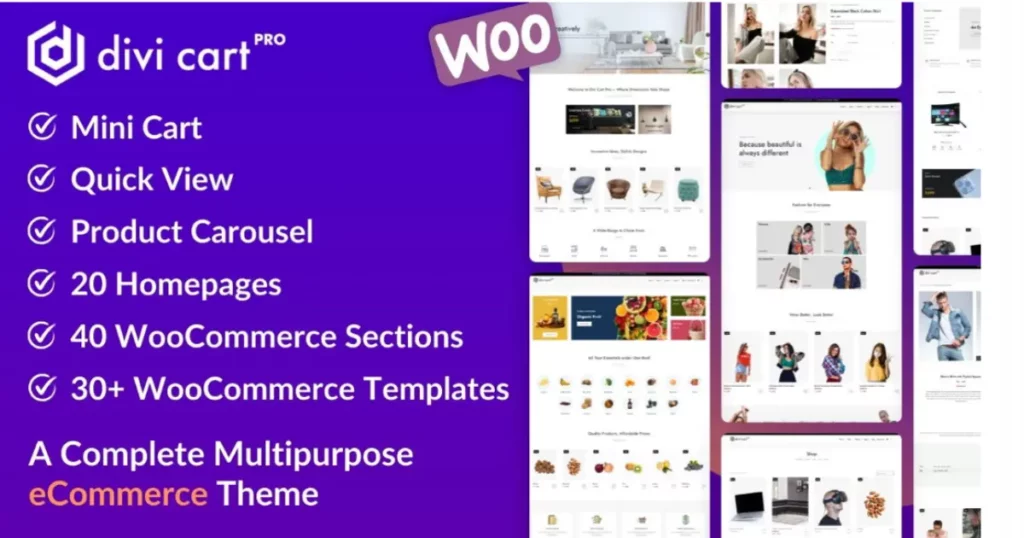Divi Cart Pro Divi WooCommerce child theme shop layout with product grid and cart features