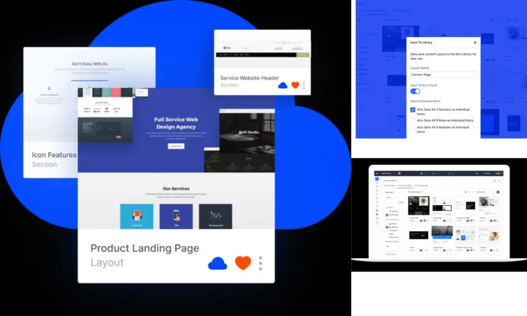 Divi Cloud layout library interface showing saved Divi layouts and sections inside Divi Builder