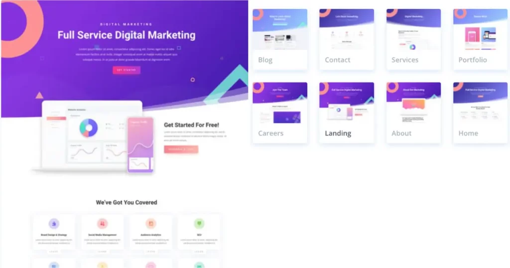 Digital Marketing Divi layout pack preview with modern layouts for services, portfolio, blog, careers, and contact pages