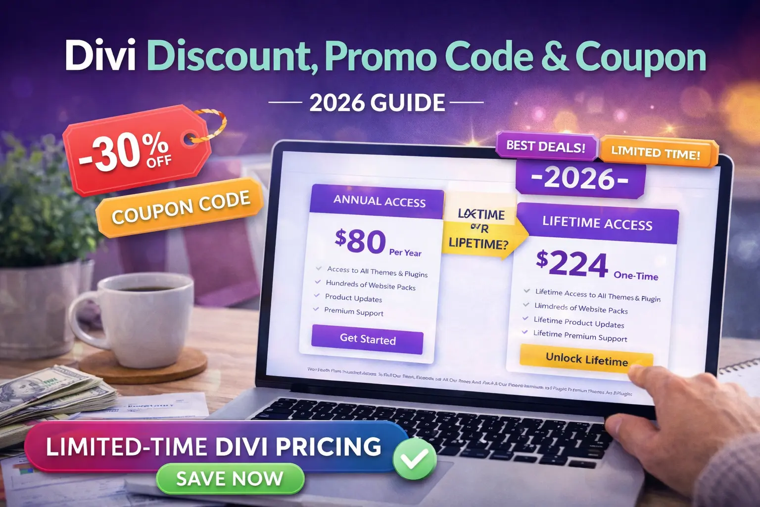 Divi discount 2026 pricing comparison showing annual and lifetime plans on a laptop screen