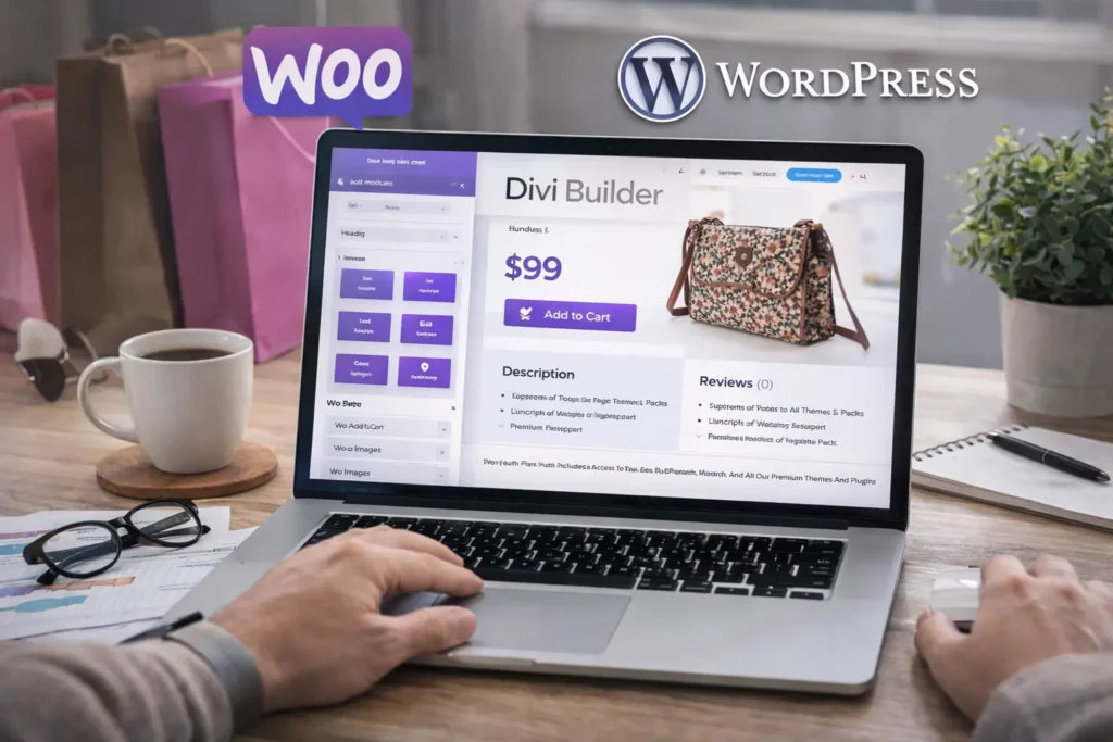 Person designing a Divi WooCommerce ecommerce store on a laptop in a modern workspace