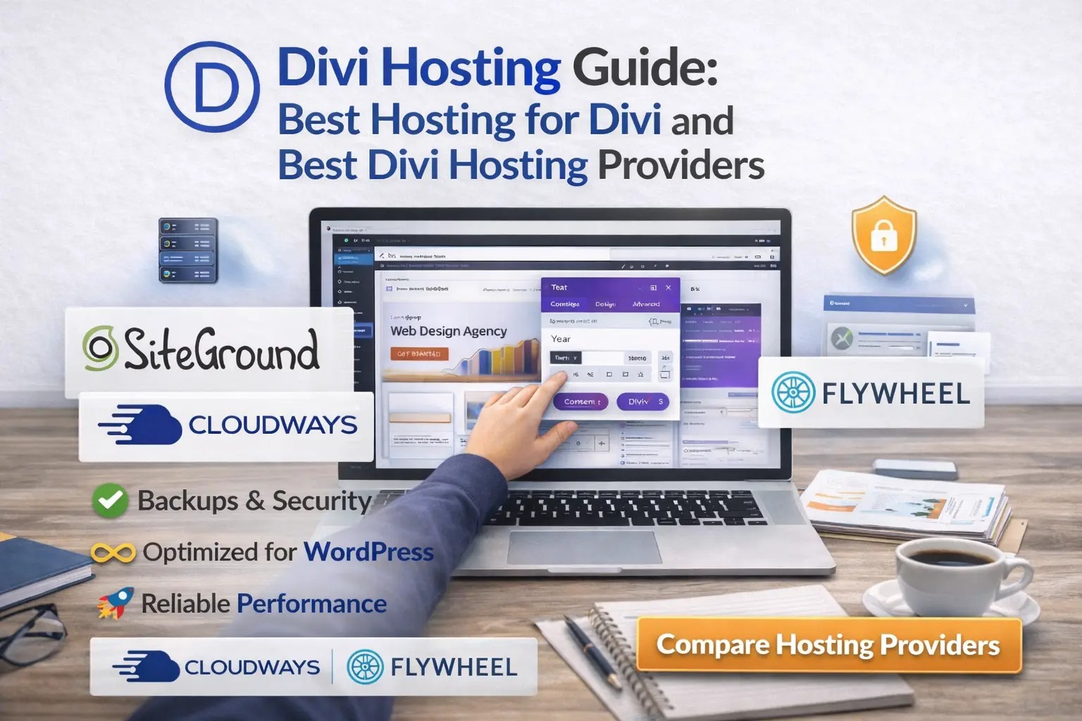 Divi hosting guide image showing hosting providers and website performance features on a laptop screen