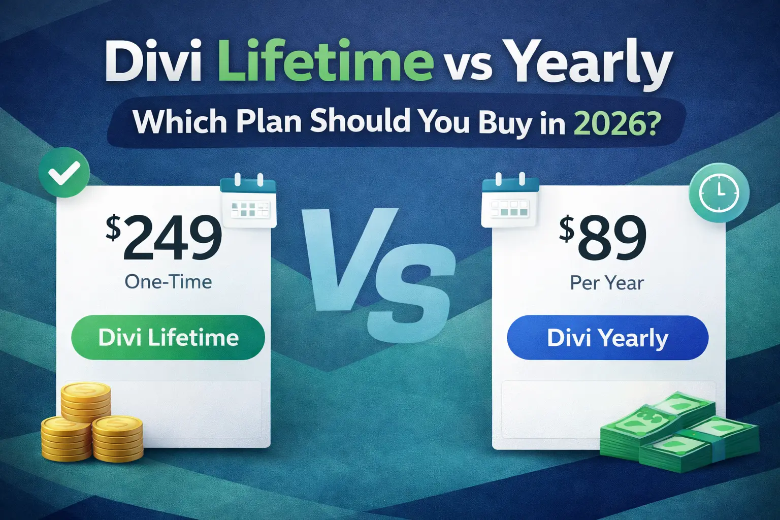 Divi Lifetime vs Yearly 2026 pricing comparison featured image showing one-time and annual Divi plan costs for WordPress users