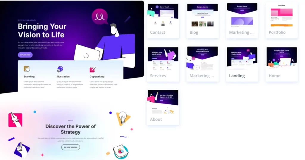 Marketing Divi layout pack preview showing project page template along with services, service page, portfolio, and landing page layouts