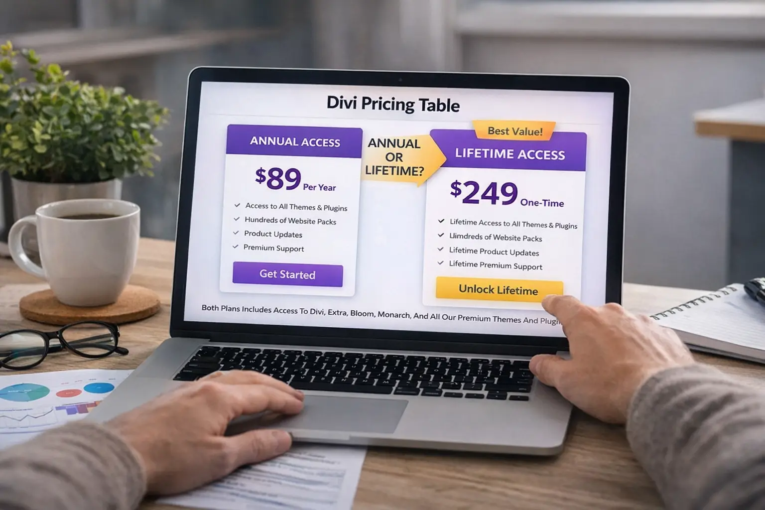 Laptop showing Divi pricing plans with annual, lifetime, and Divi Pro options on a modern office desk