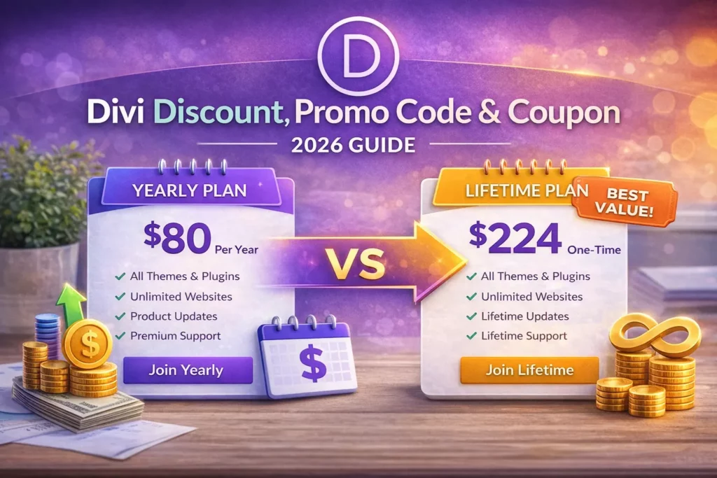 Divi pricing comparison showing yearly and lifetime plans with current pricing options