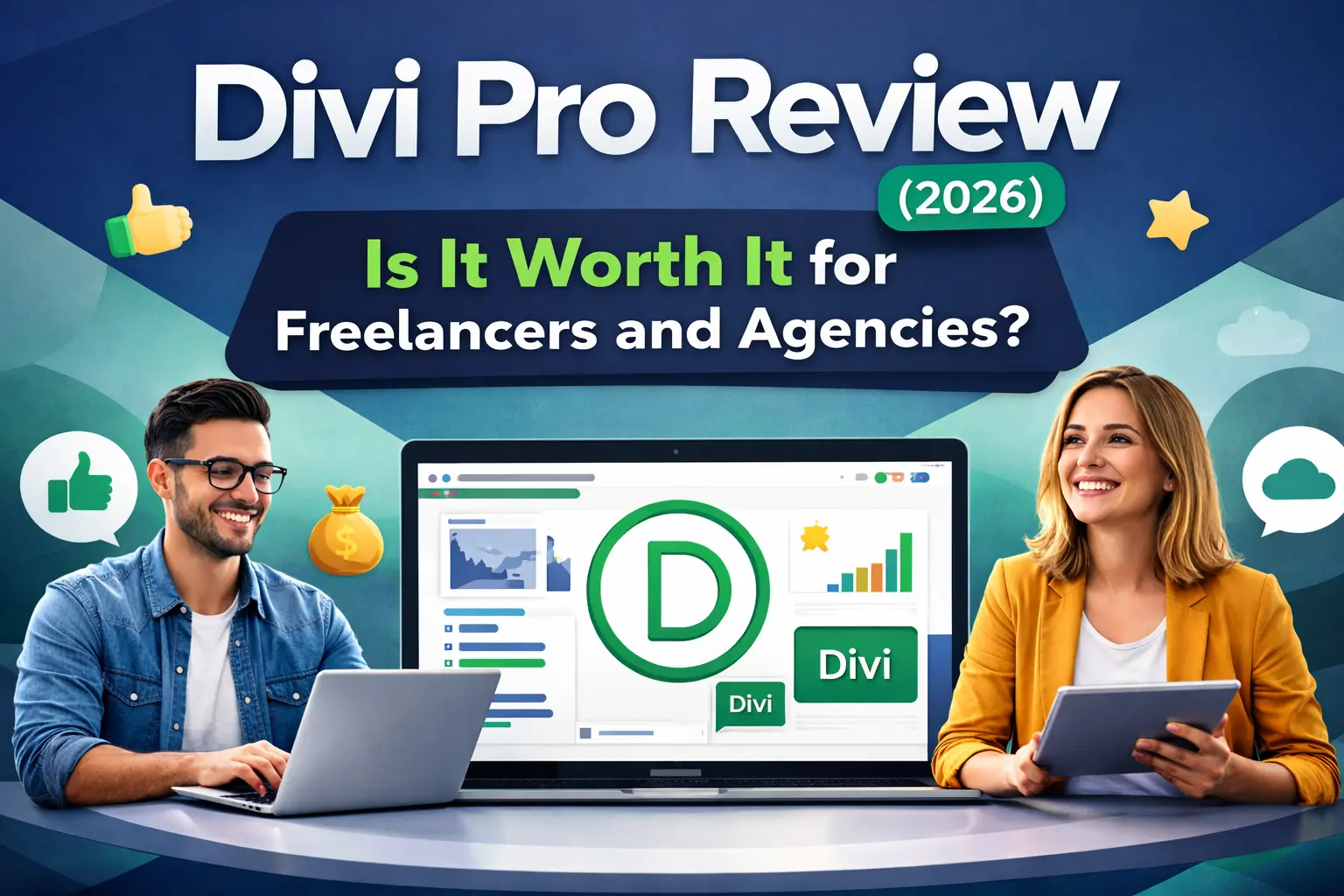 Divi Pro Review featured image showing Divi dashboard and freelancers and agencies using Divi Pro for WordPress web design