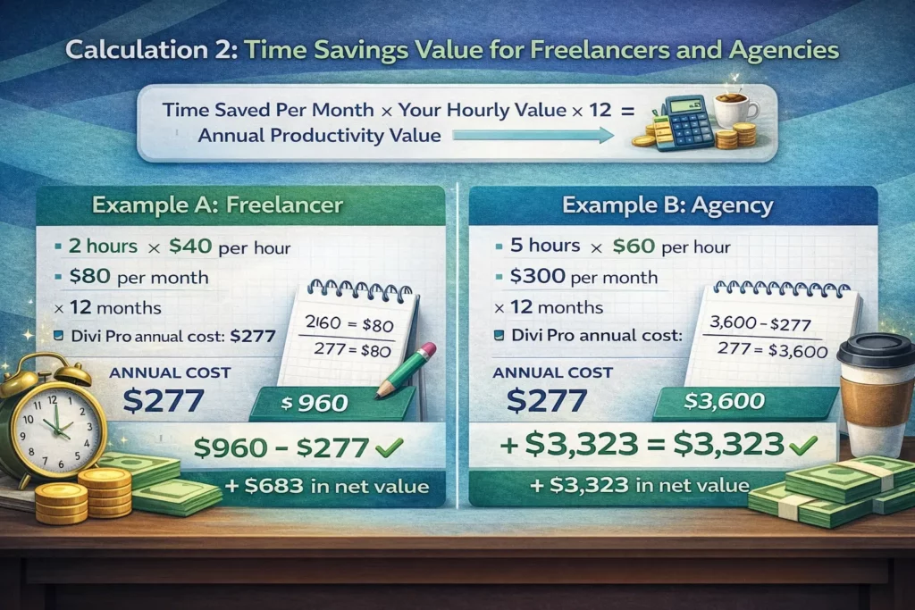 Infographic showing Divi Pro time savings calculation for freelancers and agencies with annual productivity value and net value examples
