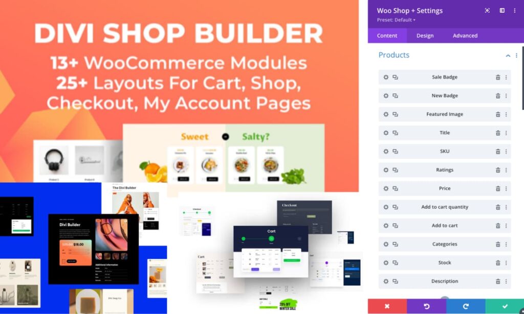 Divi Shop Builder interface showing WooCommerce modules for shop, cart, checkout, and product pages in Divi Builder