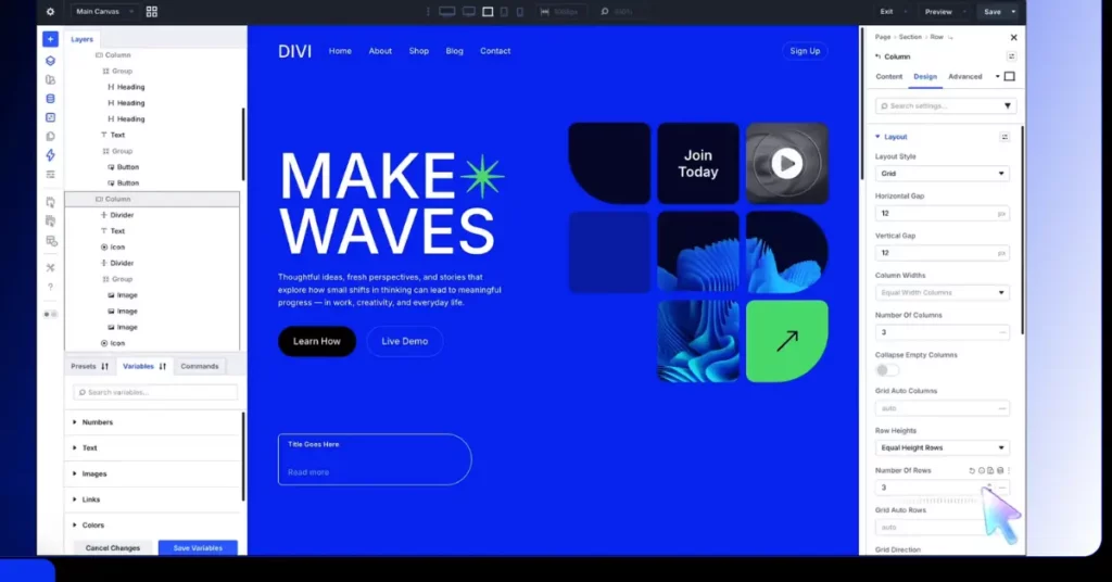 Divi Visual Builder interface showing a modern grid layout design with layout settings and responsive editing tools