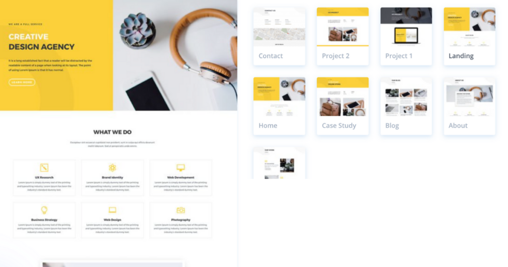 Web Agency Divi layout pack preview with agency homepage plus services, pricing, portfolio, careers, and contact page layouts