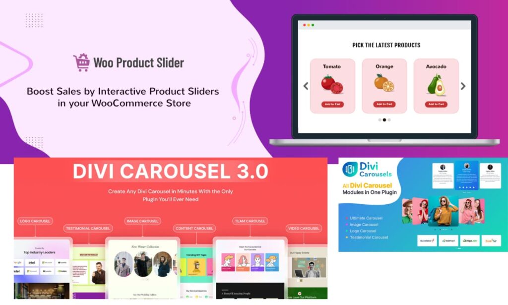Divi WooCommerce product slider and carousel plugin showing interactive product sliders and carousel modules for online stores