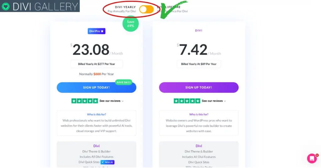 Divi pricing page screenshot showing Divi Yearly toggle selected with Divi yearly pricing and Divi Pro yearly pricing on Elegant Themes