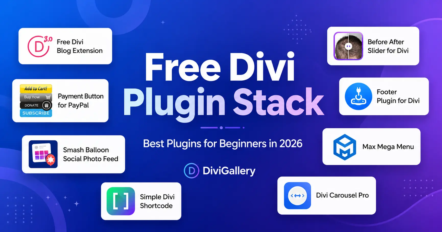 Free Divi plugin stack for beginners featuring popular Divi and WordPress plugin logos
