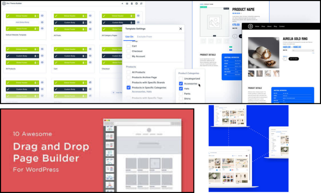 Divi Theme Builder interface showing WooCommerce product templates and drag and drop page builder in WordPress
