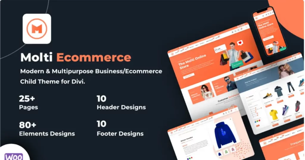Molti Ecommerce multipurpose Divi child theme homepage template with business sections and store-ready styling