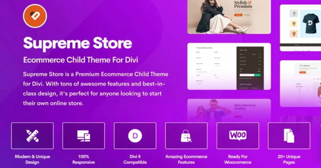 Supreme Store Divi child theme WooCommerce homepage template with product categories and featured products