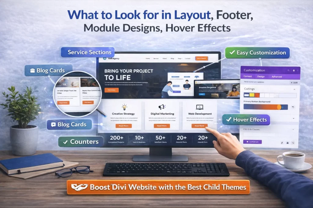 Divi child theme quality checklist image showing layout, footer, blog cards, counters, and hover effects on a website screen